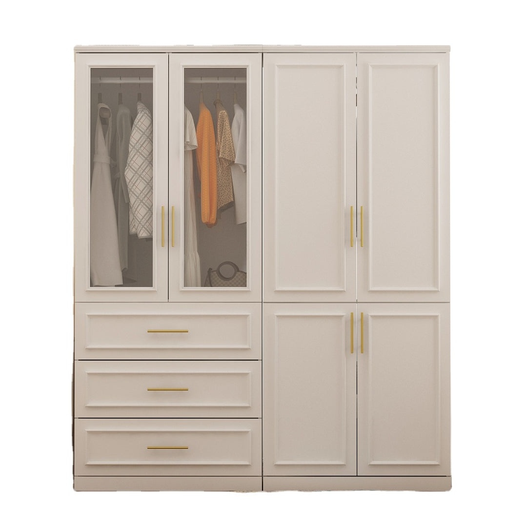 Wood Minimalist Family Wardrobe Wooden Cabinet Storage with Shelves Hanging Rod Wood Wardrobe Closet with Lock for Bedroom