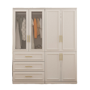 Wood Minimalist Family Wardrobe Wooden Cabinet Storage with Shelves Hanging Rod Wood Wardrobe Closet with Lock for Bedroom