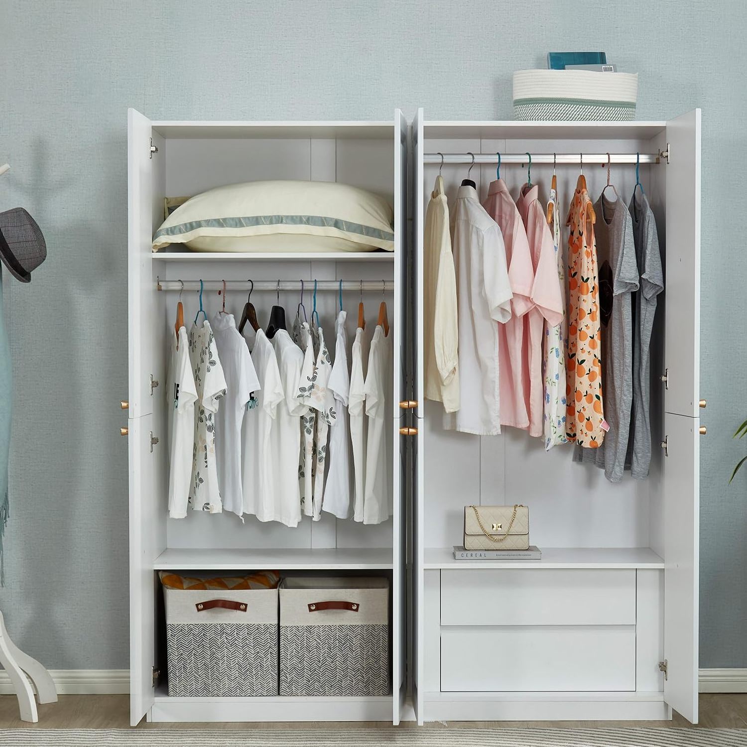 Wardrobe Closet with 4 Door Large Freestanding Wardrobe Bedroom Furniture with Hanging Rod  Wood Clothes Storage Organizer