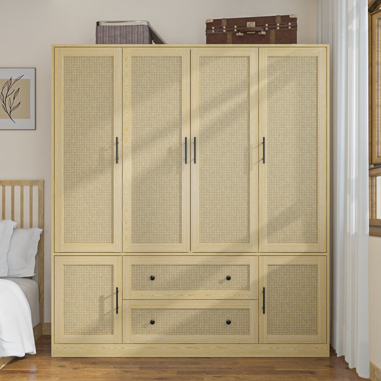 Rustic Design Elegant Style Sturdy Huge Storage Space 6-Door Rattan Wardrobe with Drawers for Bedroom