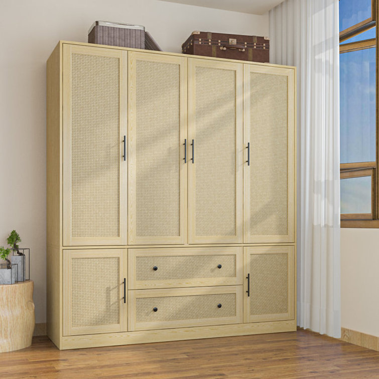 Rustic Design Elegant Style Sturdy Huge Storage Space 6-Door Rattan Wardrobe with Drawers for Bedroom