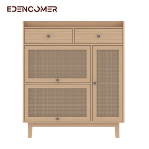 Edencomer Rustic Design Japanese Style Ample Storage Space Wooden Rattan Shoe Cabinet for Entry Room