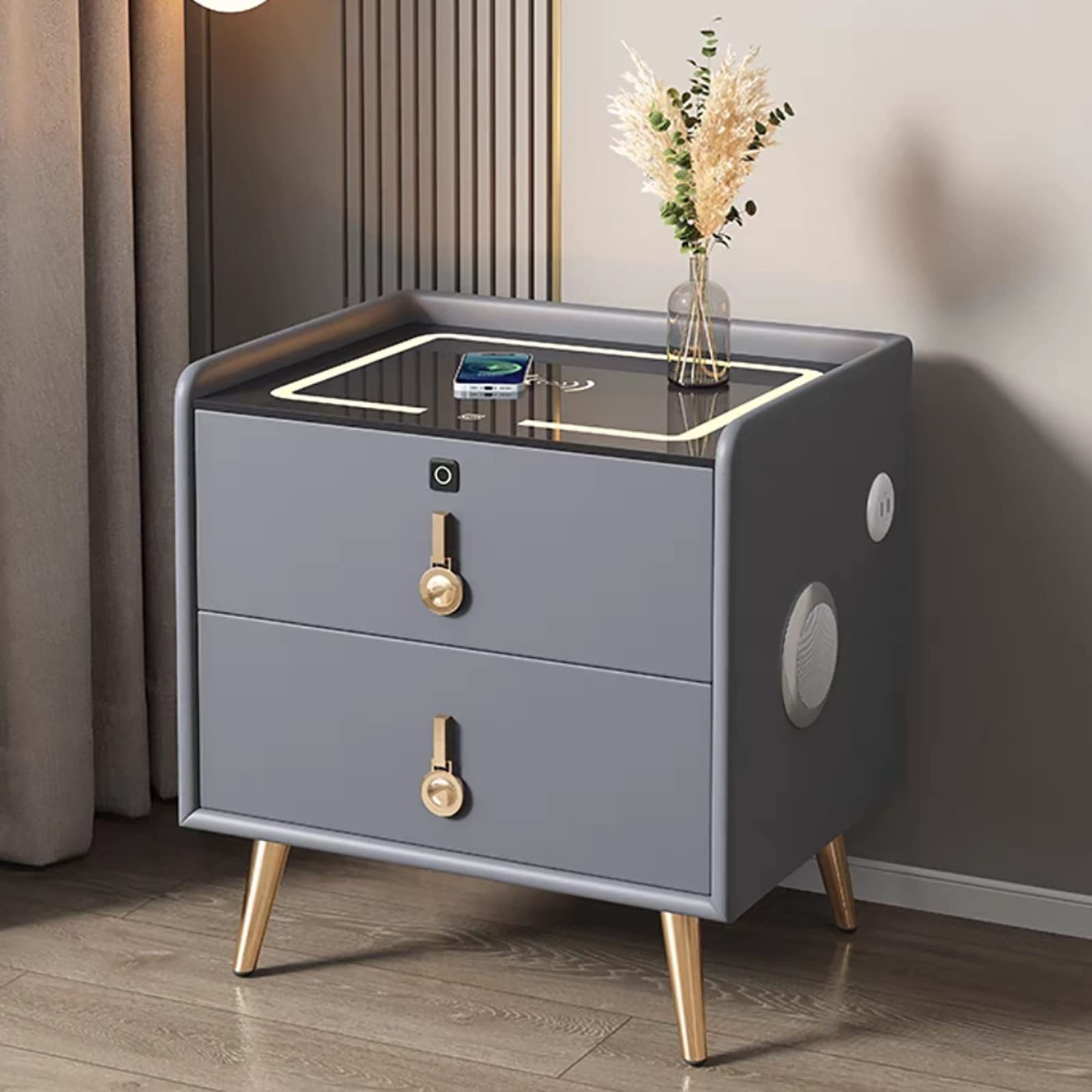 smart bedside table with Wireless Charging Function Fingerprint Lock Drawer and Speaker Drawer and Storage Shelf for Bedroom