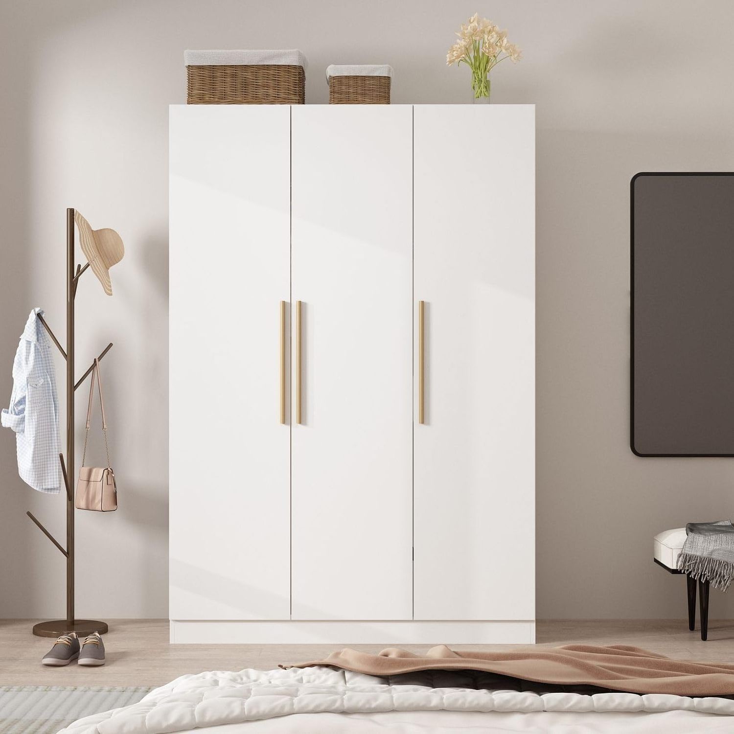 4-Door Wardrobe Closet with Mirror  Wardrobes with Drawers and Shelves Hanging Rod Wardrobe Bedroom Furniture