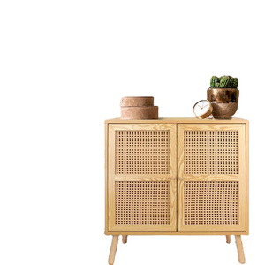 Living Room Cabinet with Rattan Door Mid Century Modern Dresser Cupboard Console Table Wood Bar Cabinet for Living Room