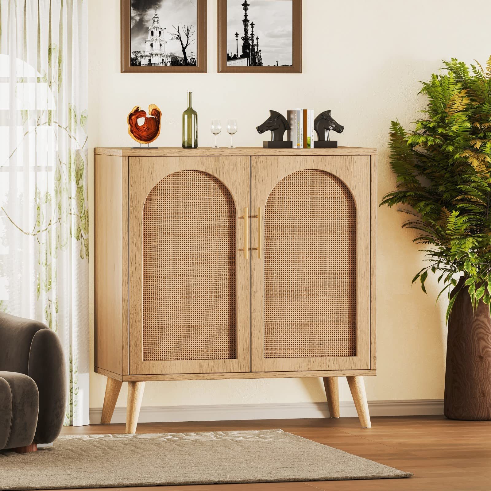 Modern Sideboard Buffet Cabinet Rattan Storage Cabinet with Doors Accent Bathroom Floor Cabinet for Living Room Entryway