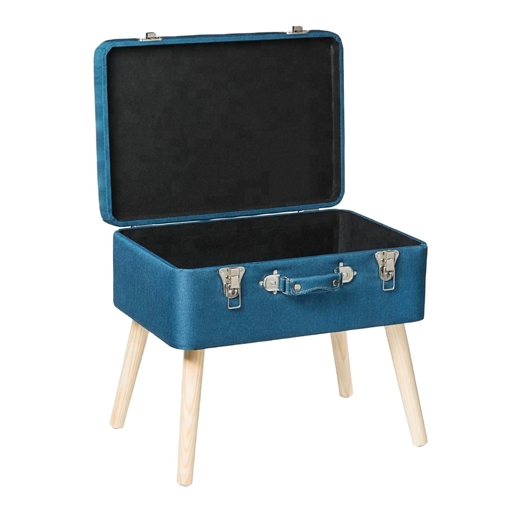 Modern Good Quality Smart Portable Collection Suitcase Square Ottoman Storage Stool with Detachable Wooden leg