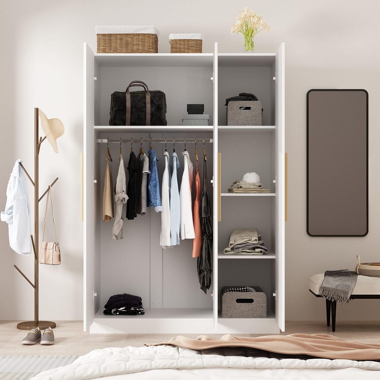 4-Door Wardrobe Closet with Mirror  Wardrobes with Drawers and Shelves Hanging Rod Wardrobe Bedroom Furniture