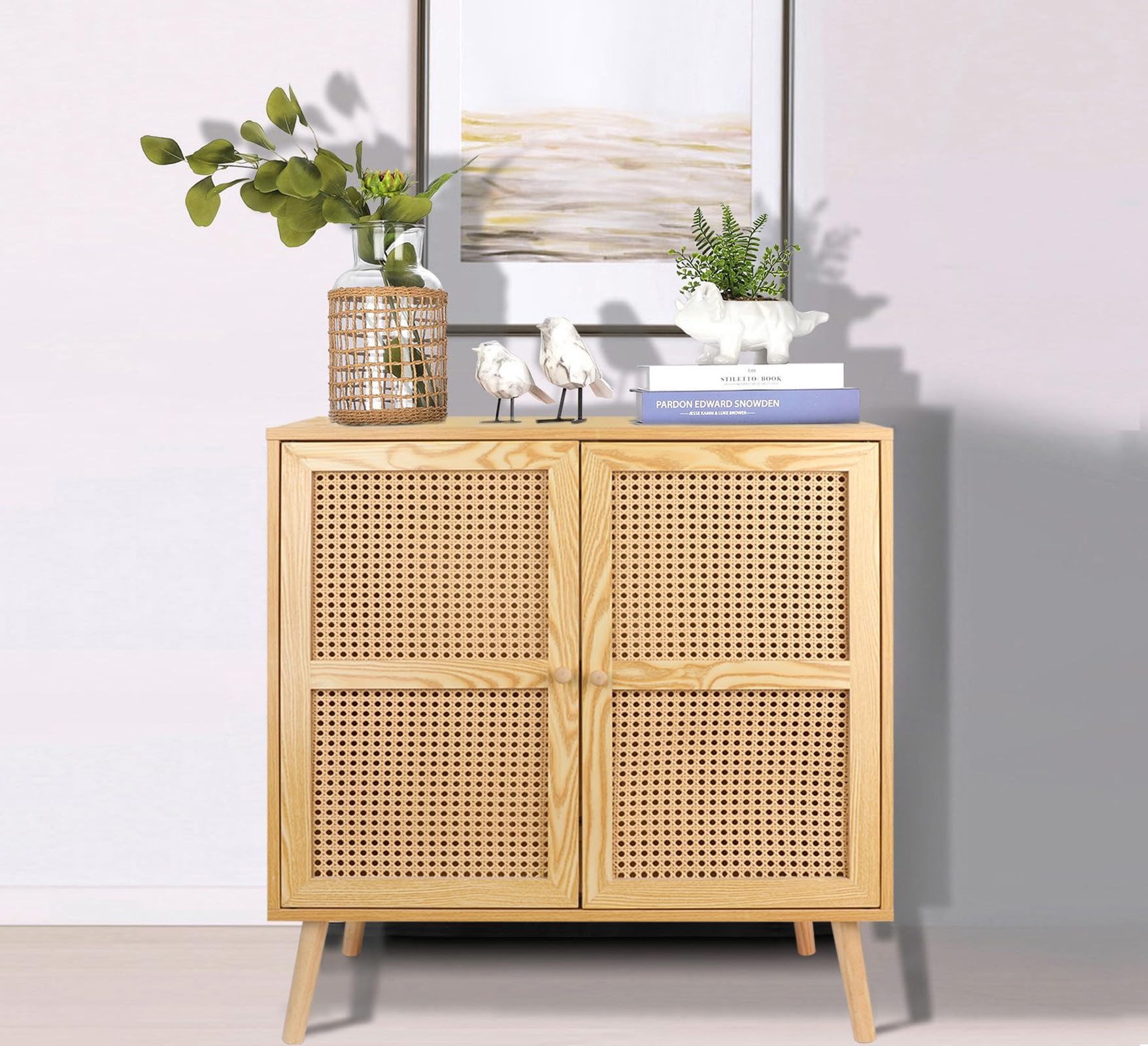 Living Room Cabinet with Rattan Door Mid Century Modern Dresser Cupboard Console Table Wood Bar Cabinet for Living Room