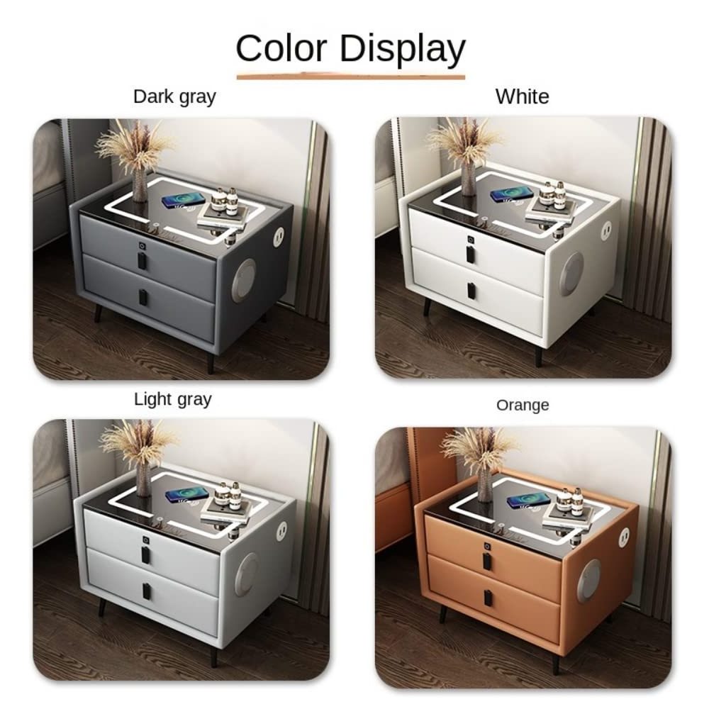 Smart bedside table with Fingerprint Lock and Wireless Charging Station LED Lights USB Port 2 Drawer Storage Cabinet for Bedroom