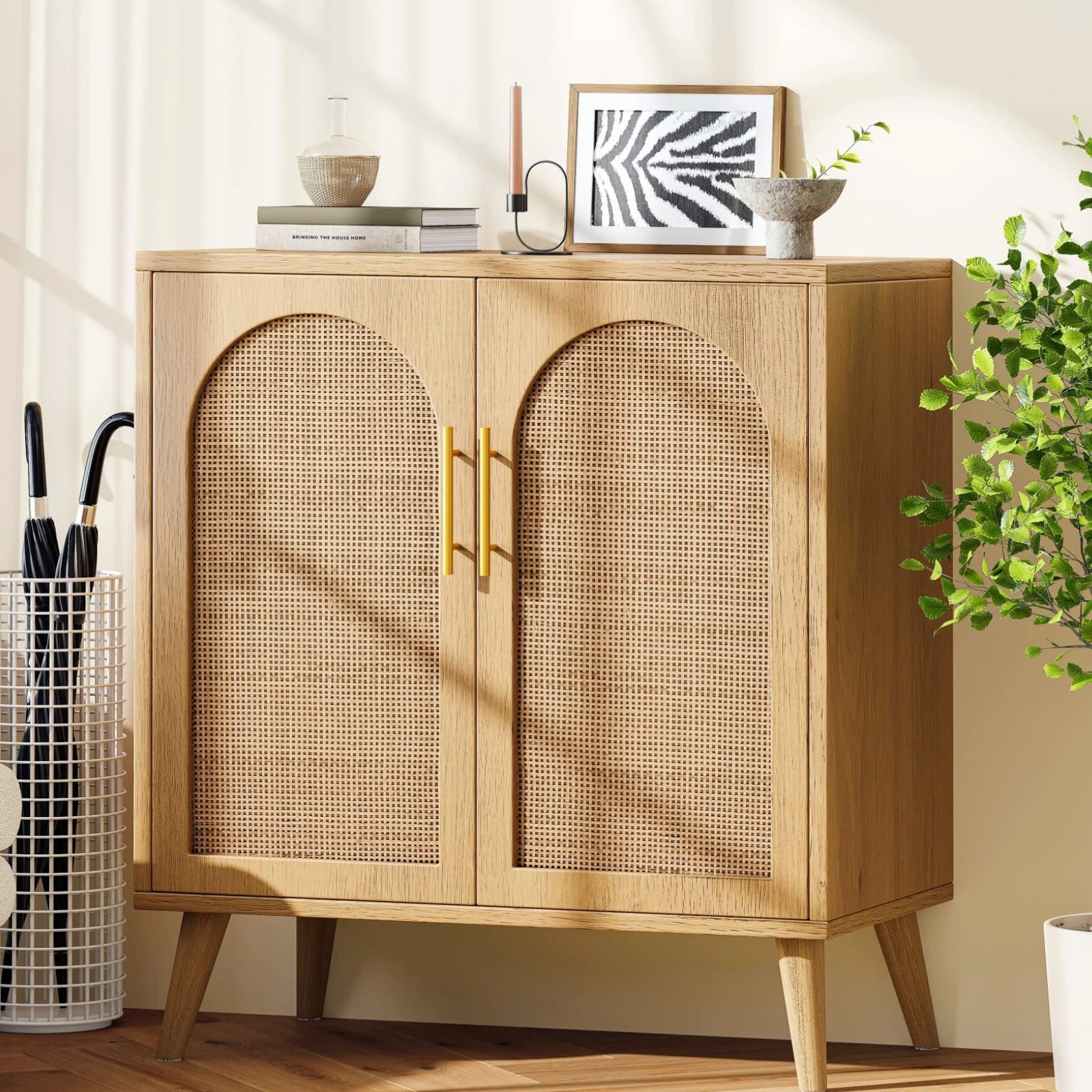 Modern Sideboard Buffet Cabinet Rattan Storage Cabinet with Doors Accent Bathroom Floor Cabinet for Living Room Entryway