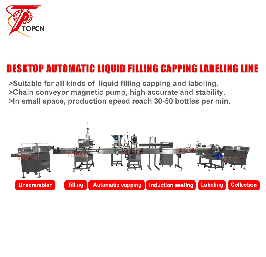 TOPCN Automatic Desktop Oil Whisky Liquor Bottle Liquid Soap Jar Filling Capping And Labeling Machine Line For Round Bottles