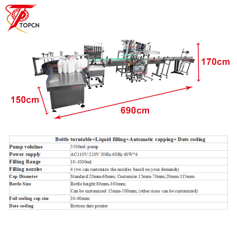 TOPCN Automatic Desktop Oil Whisky Liquor Bottle Liquid Soap Jar Filling Capping And Labeling Machine Line For Round Bottles