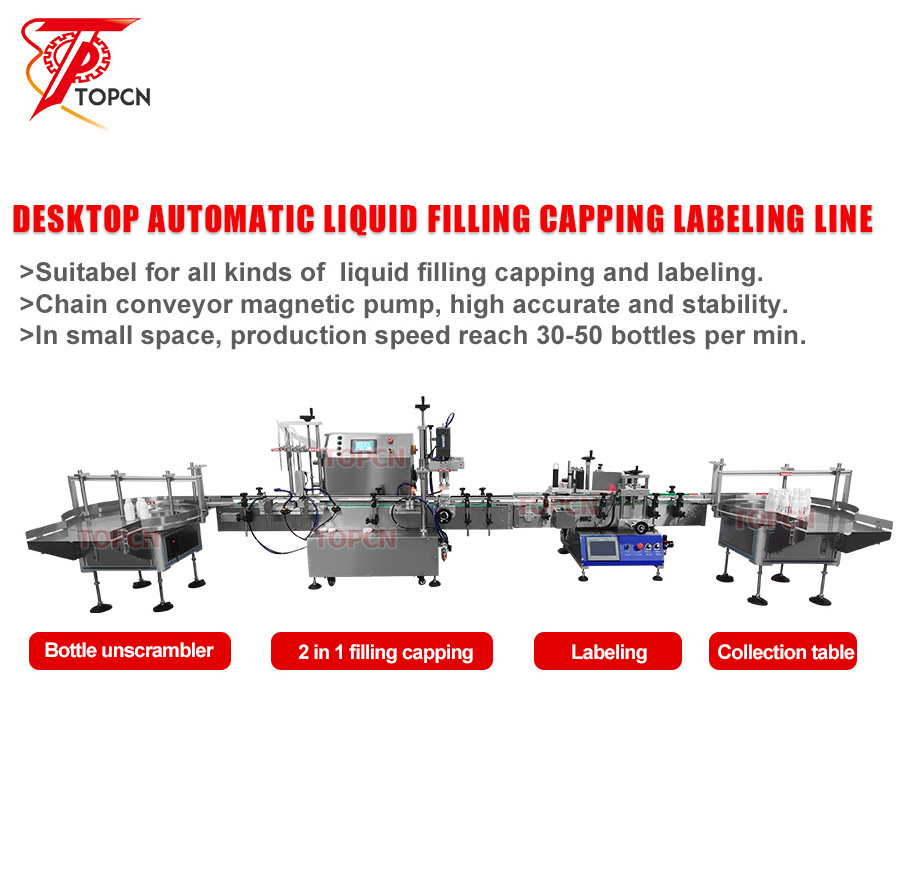 TOPCN Automatic Desktop Oil Whisky Liquor Bottle Liquid Soap Jar Filling Capping And Labeling Machine Line For Round Bottles