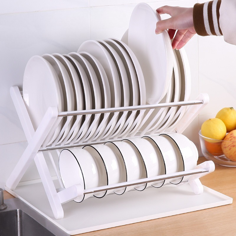 X-shape collapsible dish rack Simple kitchen free installation dish drain storage rack Two-layer drain rack