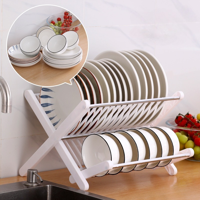 X-shape collapsible dish rack Simple kitchen free installation dish drain storage rack Two-layer drain rack