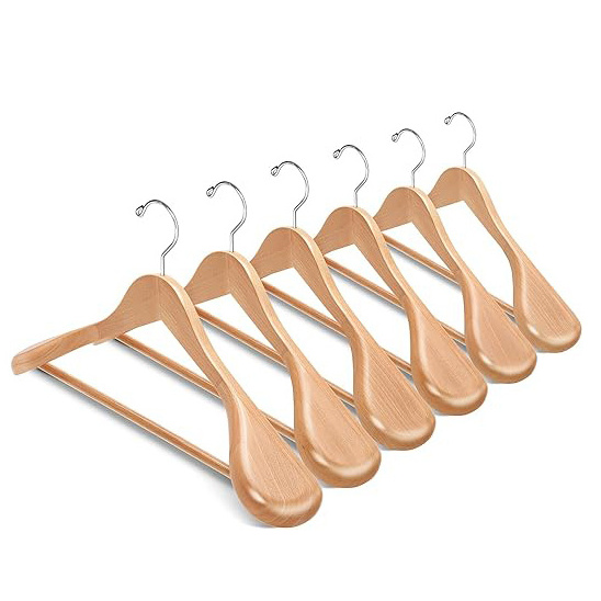 Natural Wooden Suit Coat Hangers with Non Slip Pants Bar, Solid Wood Jacket Clothes Hangers  for Sweater