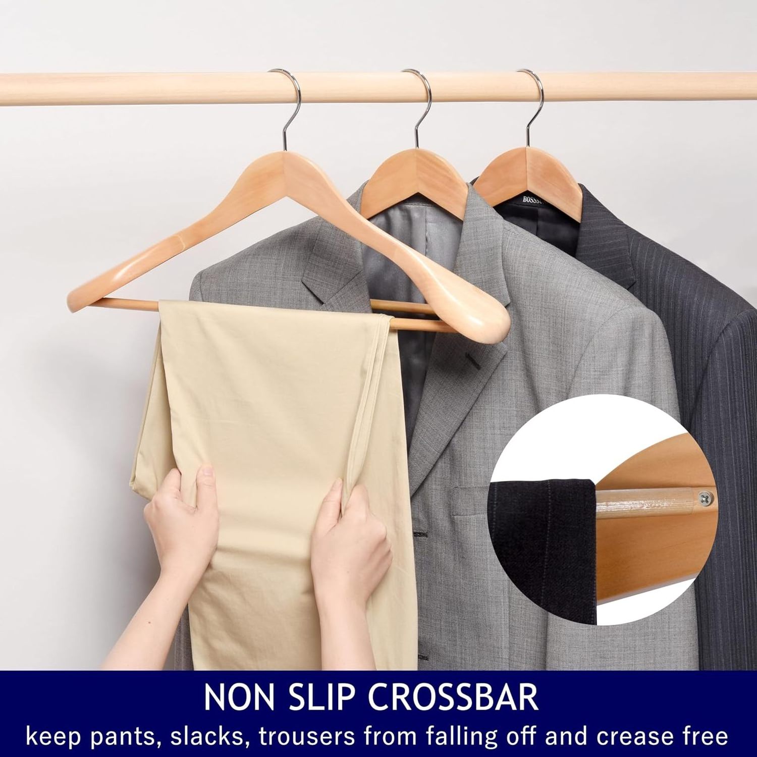 Natural Wooden Suit Coat Hangers with Non Slip Pants Bar, Solid Wood Jacket Clothes Hangers  for Sweater