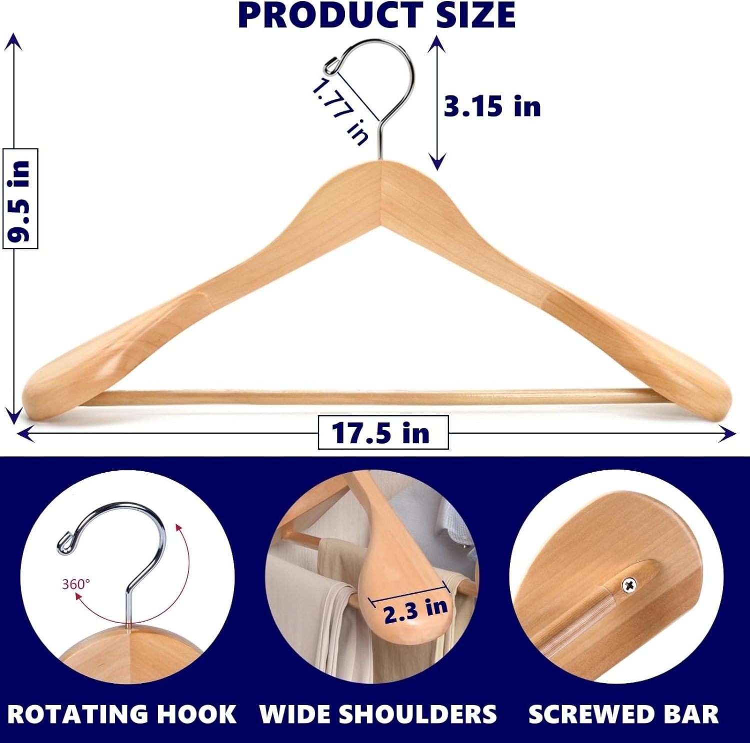 Natural Wooden Suit Coat Hangers with Non Slip Pants Bar, Solid Wood Jacket Clothes Hangers  for Sweater