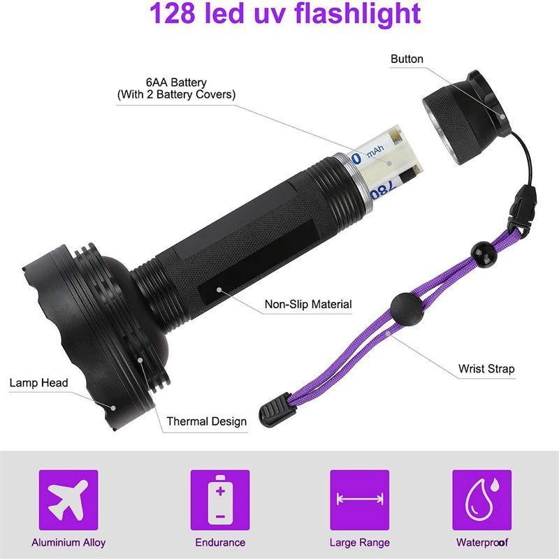 Big Black Light Super Bright UV Light 10W Ultraviolet Lantern 395nm 128 LED UV Flashlight For Urine Pet Detect Catch Scorpion