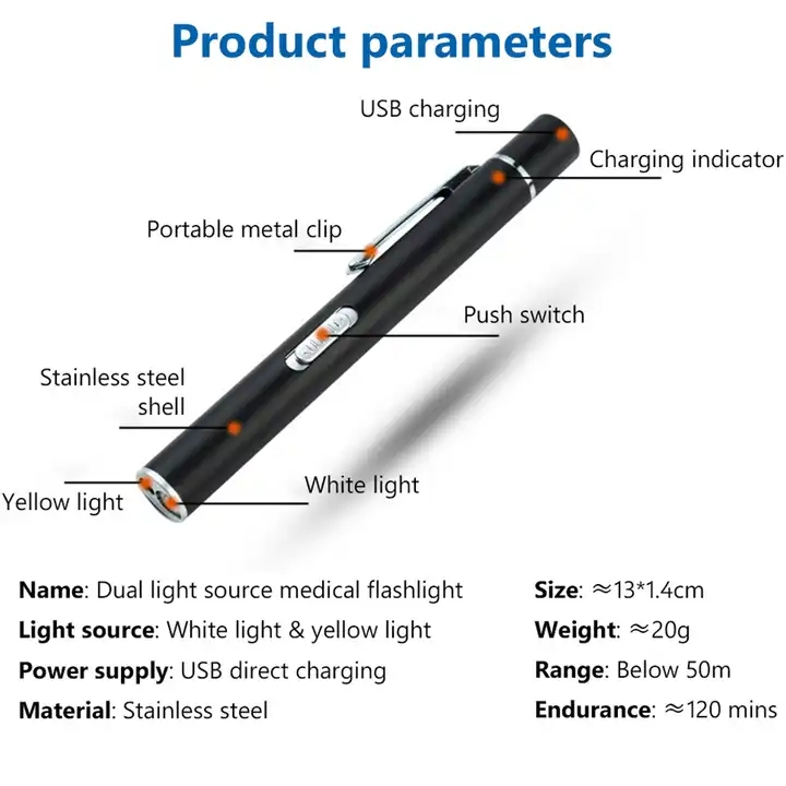 Multi-function Dual LED Pen Light White and Yellow Penlight for Nurse Doctor USB Rechargeable Pocket Pen Light Torch