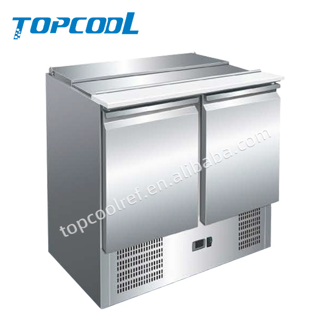 Topcool 3 solid doors salad bar pizza prep table with gourmet pan horizontal refrigerated pizza refrigerator counter