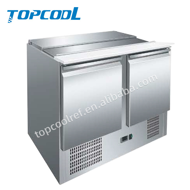 Topcool 3 solid doors salad bar pizza prep table with gourmet pan horizontal refrigerated pizza refrigerator counter