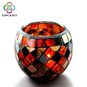 Handmade Red Orange Mosaic Glass Bowl Candle Holders Votive Tealight Candleholders Home Decor Christmas Party