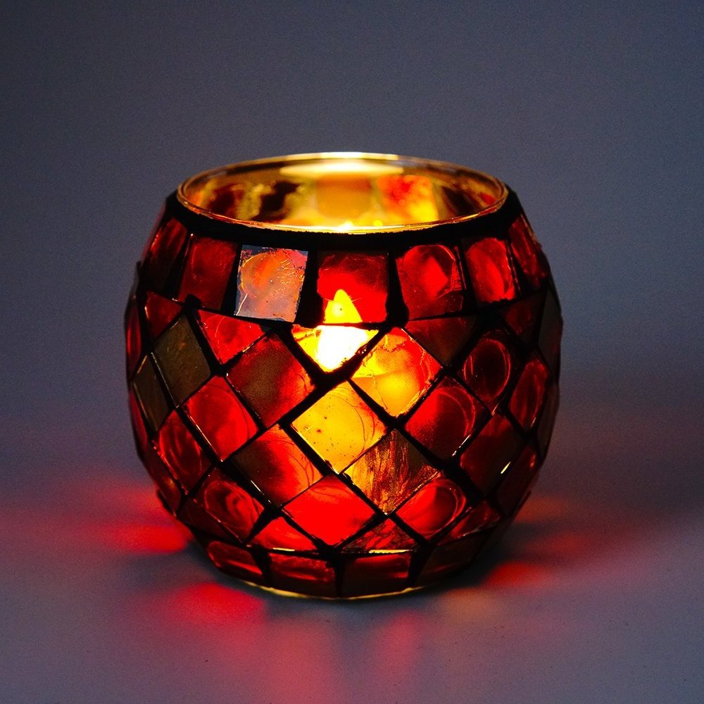 Handmade Red Orange Mosaic Glass Bowl Candle Holders Votive Tealight Candleholders Home Decor Christmas Party