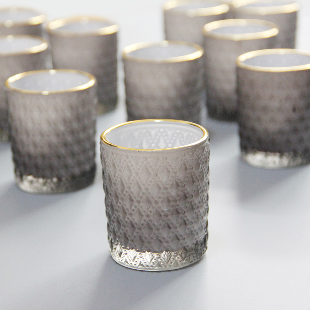 Set Of 24 Luxury Gold Rim Grey Clear Votive Candles Holders Bulk Container Glass Jars For Candles Wholesale