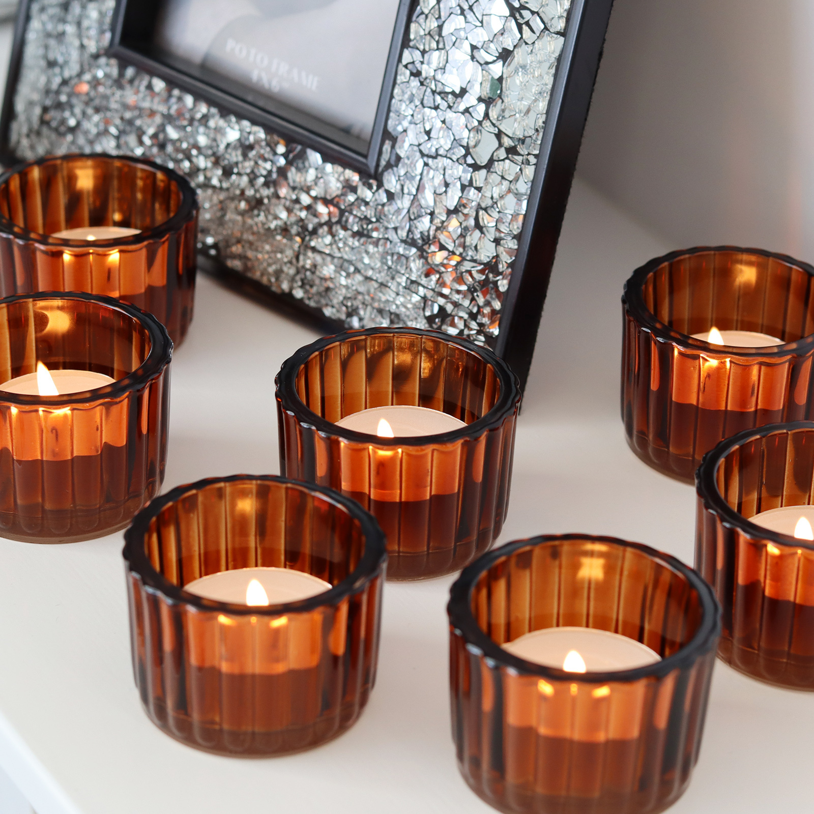 Amber Glass Candle Holder Set for Wedding Party Home Decor, Small Votive Tealight Holders for Aesthetic Room Decor