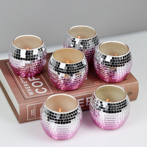 Set of 6 Wedding Pink Silver Gradation Disco Ball Glass Tealight Candle Holders for Ramadan Christmas Bar Restaurant Home Decor