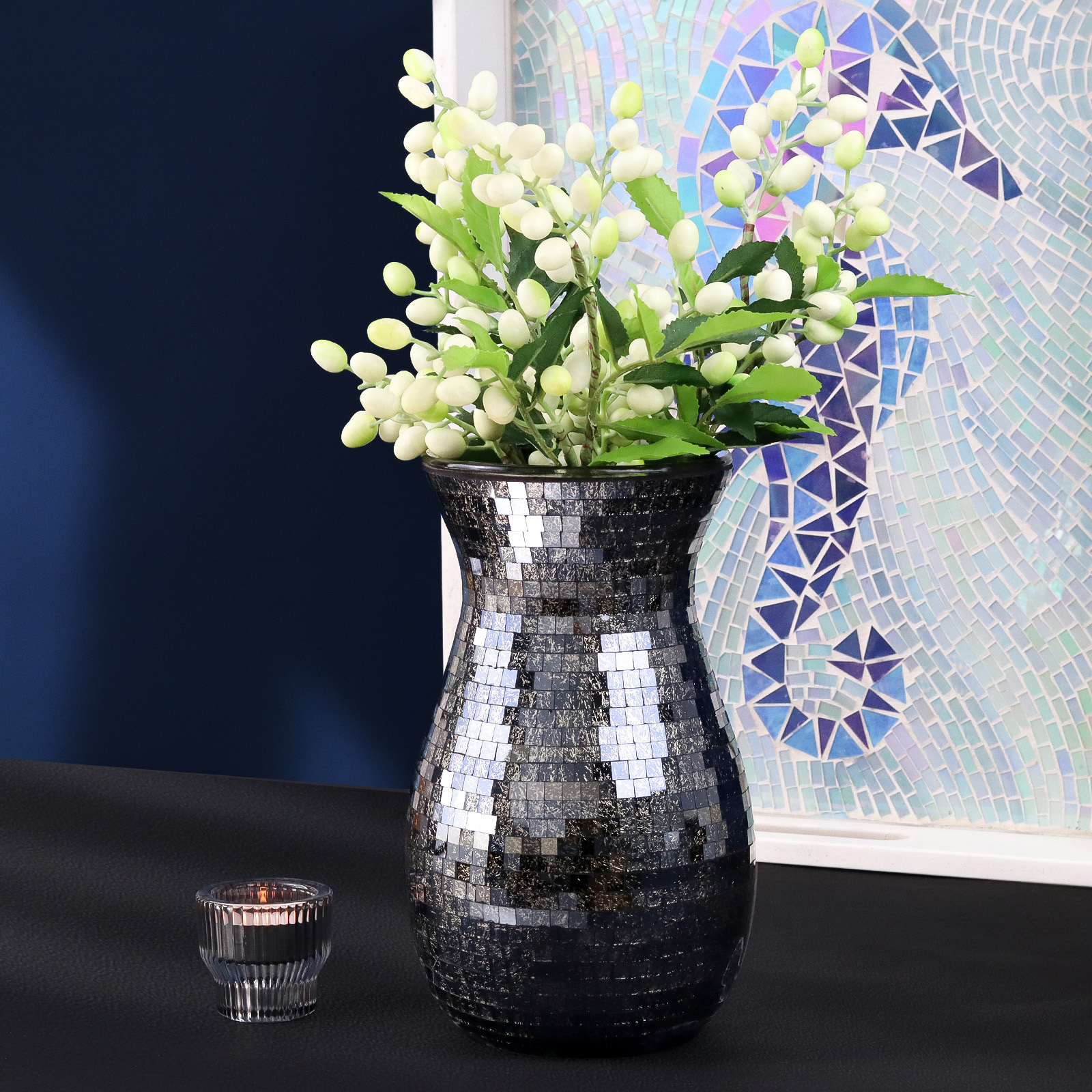 Mosaic Design Modern Luxury Black Glass Flower Vase for Home Decor Wedding Centerpiece