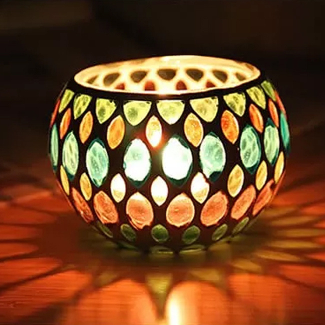 Diwali Decor Home Decoration European Style Unique Handmade Mosaic Candle Vessels Round Bottom Bowl Glass Candle Jar Tea Light Holder