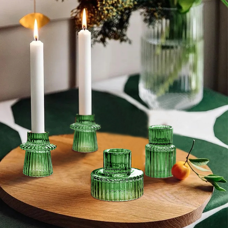 Geometry Set of 3 Vintage Green Christmas Candle Stick Holder Tea Light Taper Glass Candle Holders