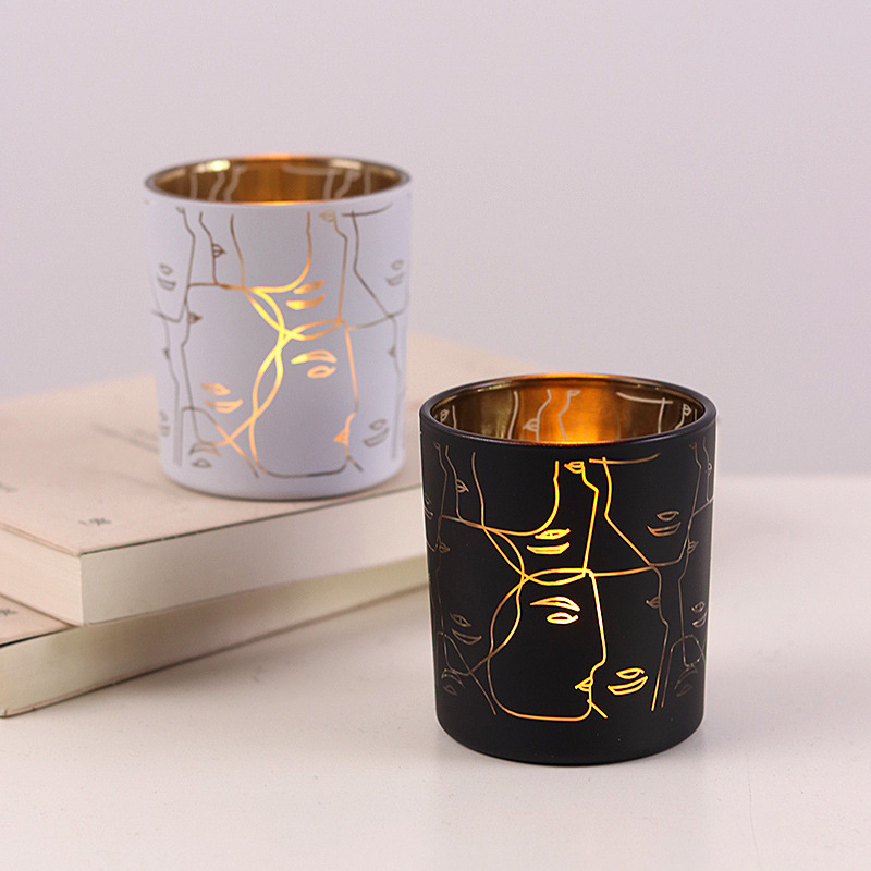 Wholesale Ornaments Home Decoration Candle Cup Abstract Painting Electroplated Candle Jars Luxury Glass Jar For Candles