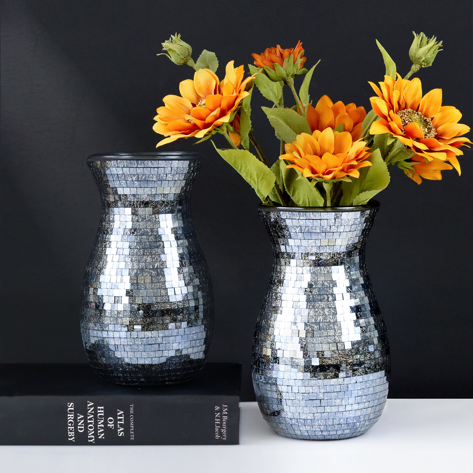 Mosaic Design Modern Luxury Black Glass Flower Vase for Home Decor Wedding Centerpiece