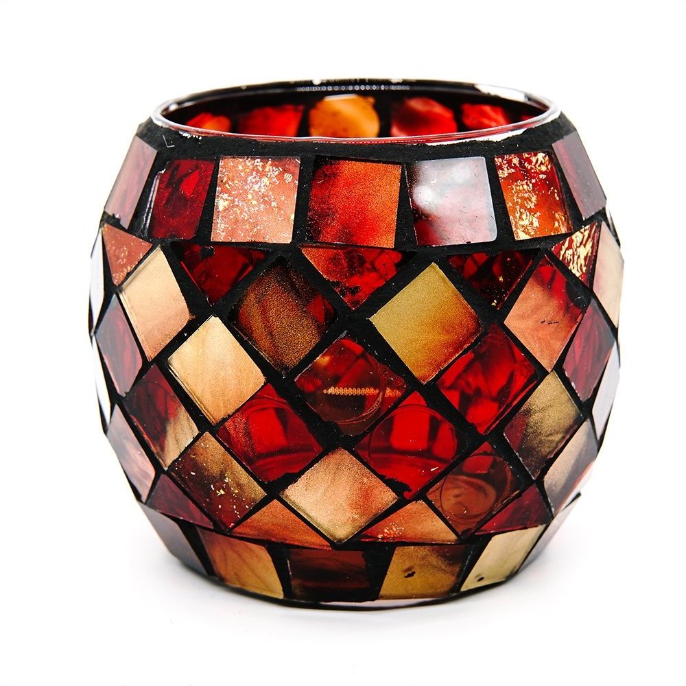 Handmade Red Orange Mosaic Glass Bowl Candle Holders Votive Tealight Candleholders Home Decor Christmas Party