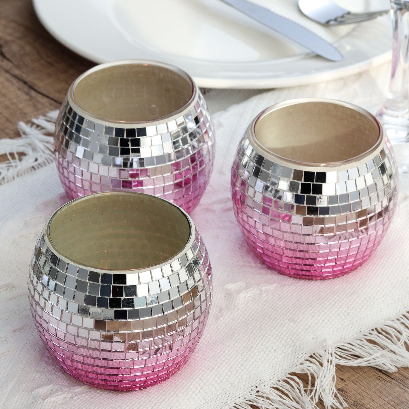 Set of 6 Wedding Pink Silver Gradation Disco Ball Glass Tealight Candle Holders for Ramadan Christmas Bar Restaurant Home Decor