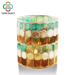 Colors Cylinder Shape Blue&coffee shell Mosaic Glass Tea Light Candle Holder for home wedding decor