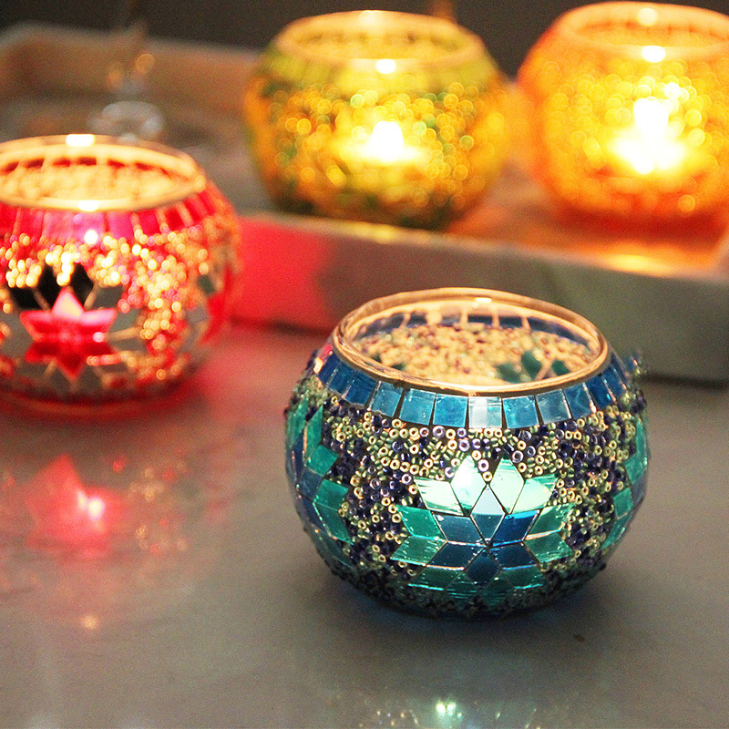 Topcraft Hot Selling Set of 4 Diwali Tea Lights Jars Handmade Mosaic Glass Votive Candle Holders for Table Centerpiece Decor