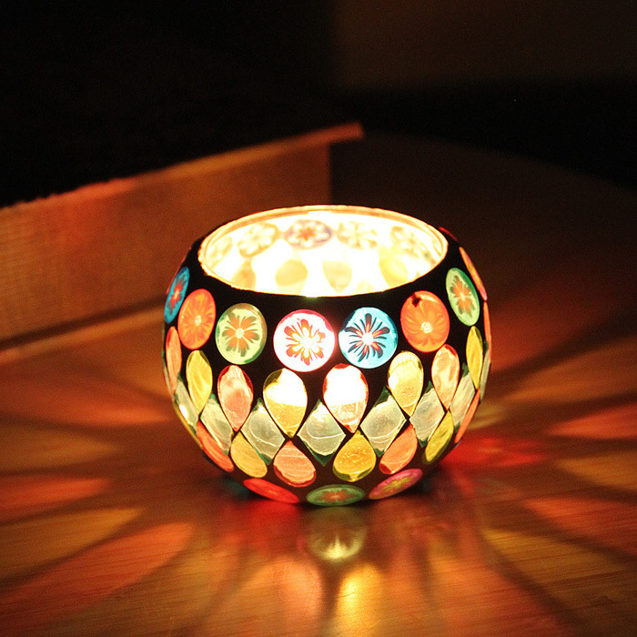 Diwali Decor Home Decoration European Style Unique Handmade Mosaic Candle Vessels Round Bottom Bowl Glass Candle Jar Tea Light Holder