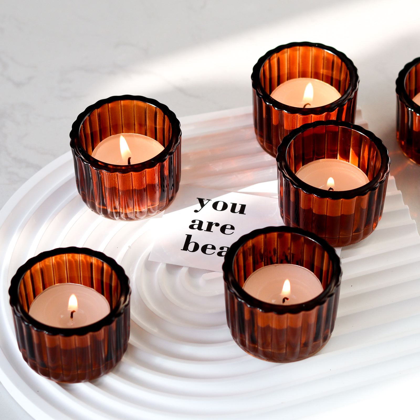 Amber Glass Candle Holder Set for Wedding Party Home Decor, Small Votive Tealight Holders for Aesthetic Room Decor