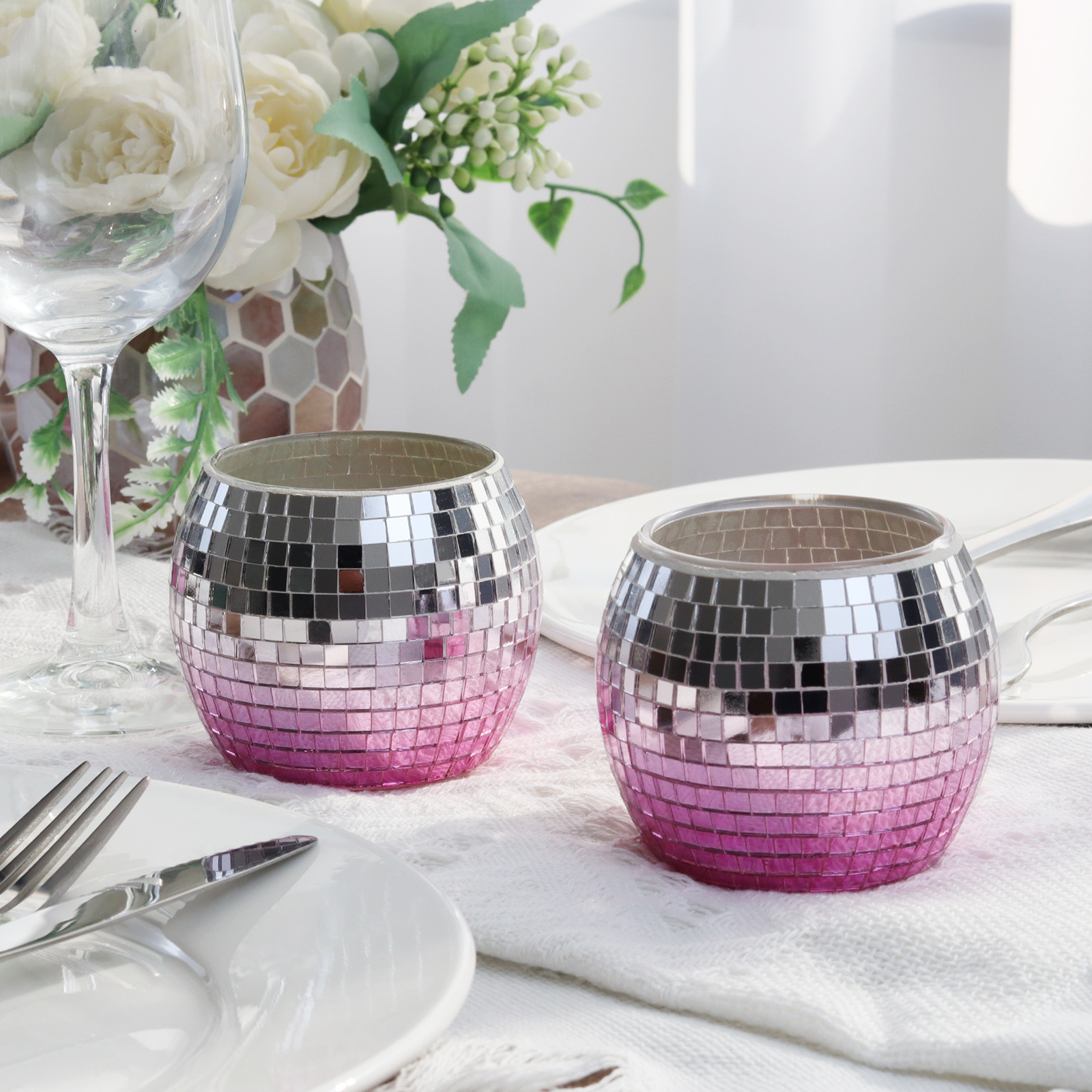 Set of 6 Wedding Pink Silver Gradation Disco Ball Glass Tealight Candle Holders for Ramadan Christmas Bar Restaurant Home Decor