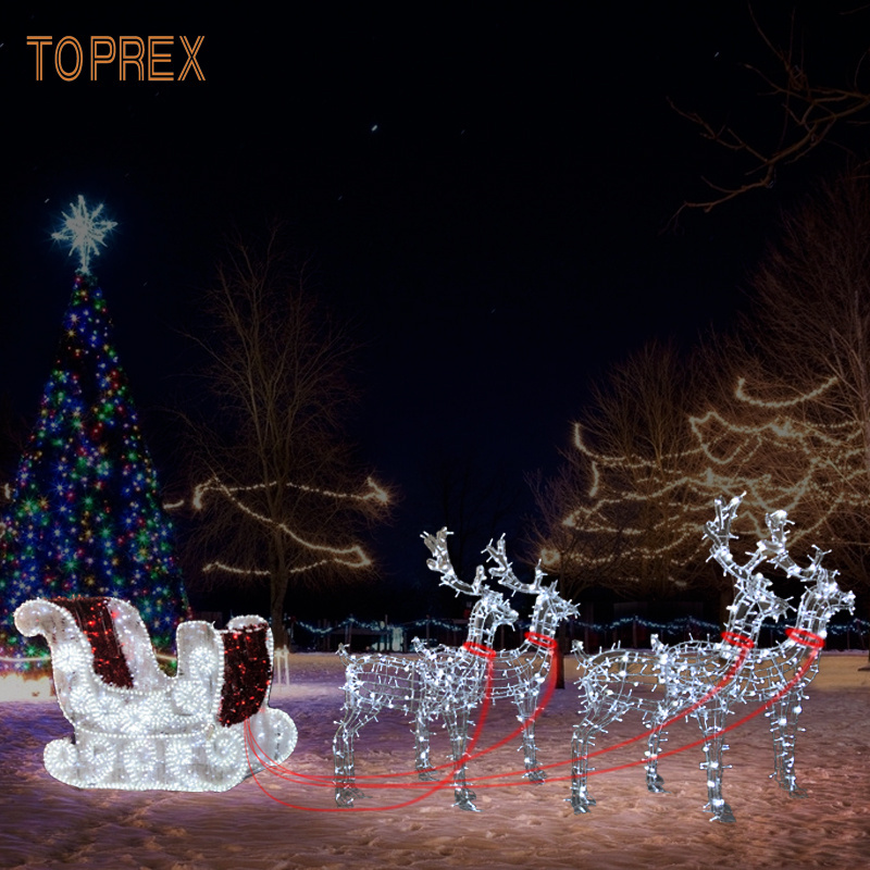 TOPREX Lawn Ornament Waterproof Motif  Wire Deer Life Size Reindeer And Christmas Lights Sleigh For Christmas Holiday Decoration