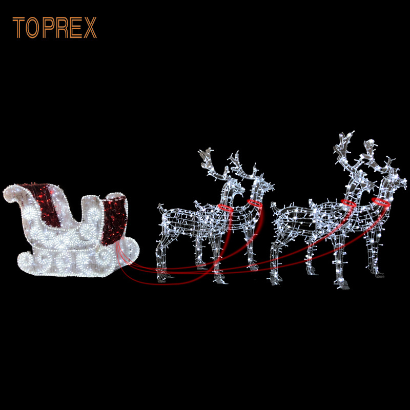 TOPREX Lawn Ornament Waterproof Motif  Wire Deer Life Size Reindeer And Christmas Lights Sleigh For Christmas Holiday Decoration