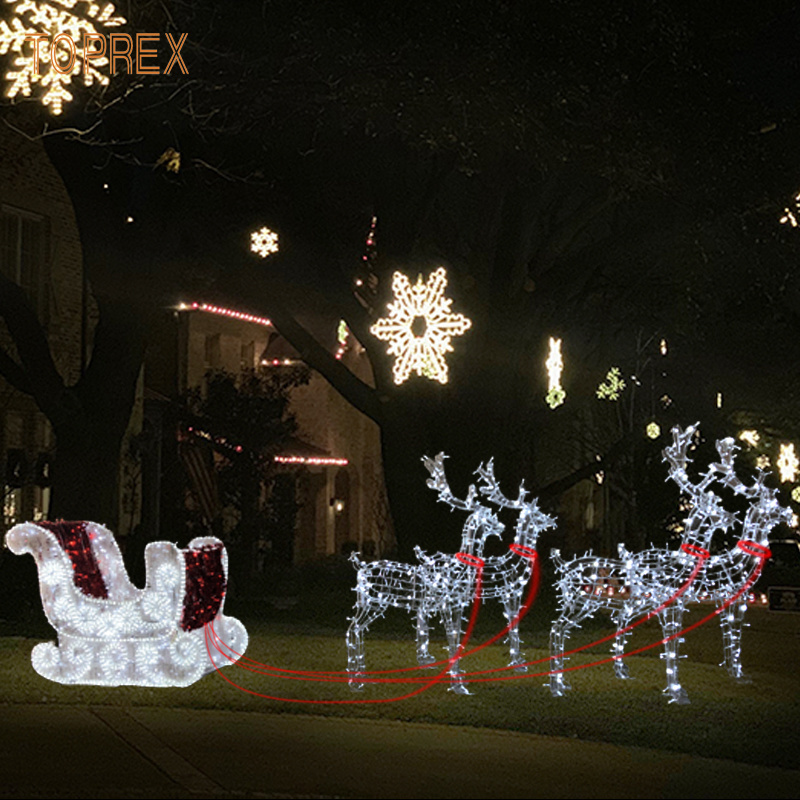 TOPREX Lawn Ornament Waterproof Motif  Wire Deer Life Size Reindeer And Christmas Lights Sleigh For Christmas Holiday Decoration