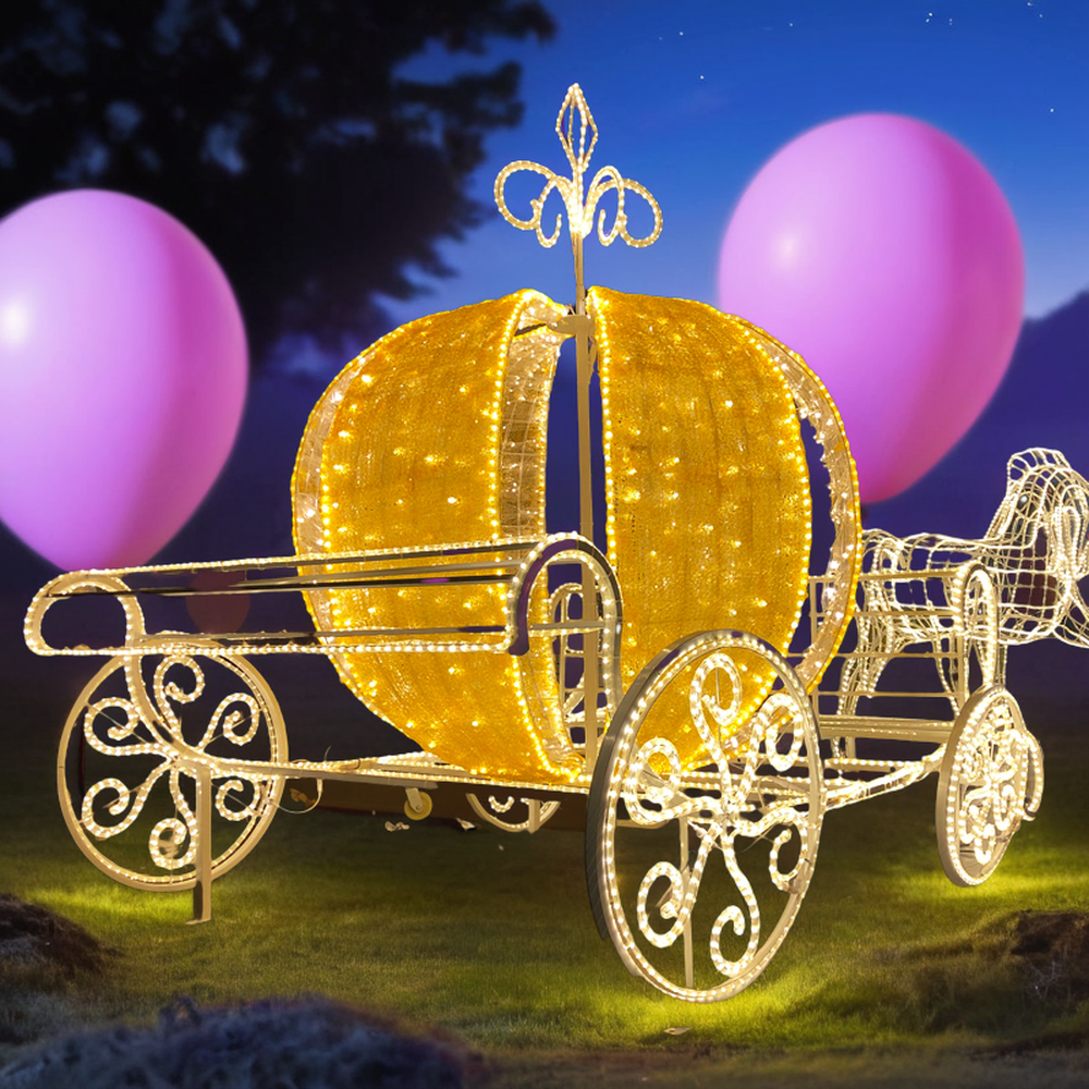 3D Outdoor Christmas Holiday Led Motif Light Cinderella Pumpkin Horse Drawn Carriage Centerpiece With Ip65 Rating For Sale