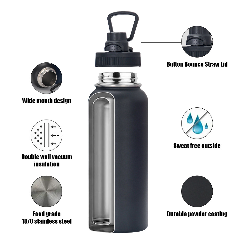 Custom BPA Free Vaccum Double Wall Wide Mouth Sport Water Bottle With Straw Handle Lids Insulated Stainless Steel Water Bottles