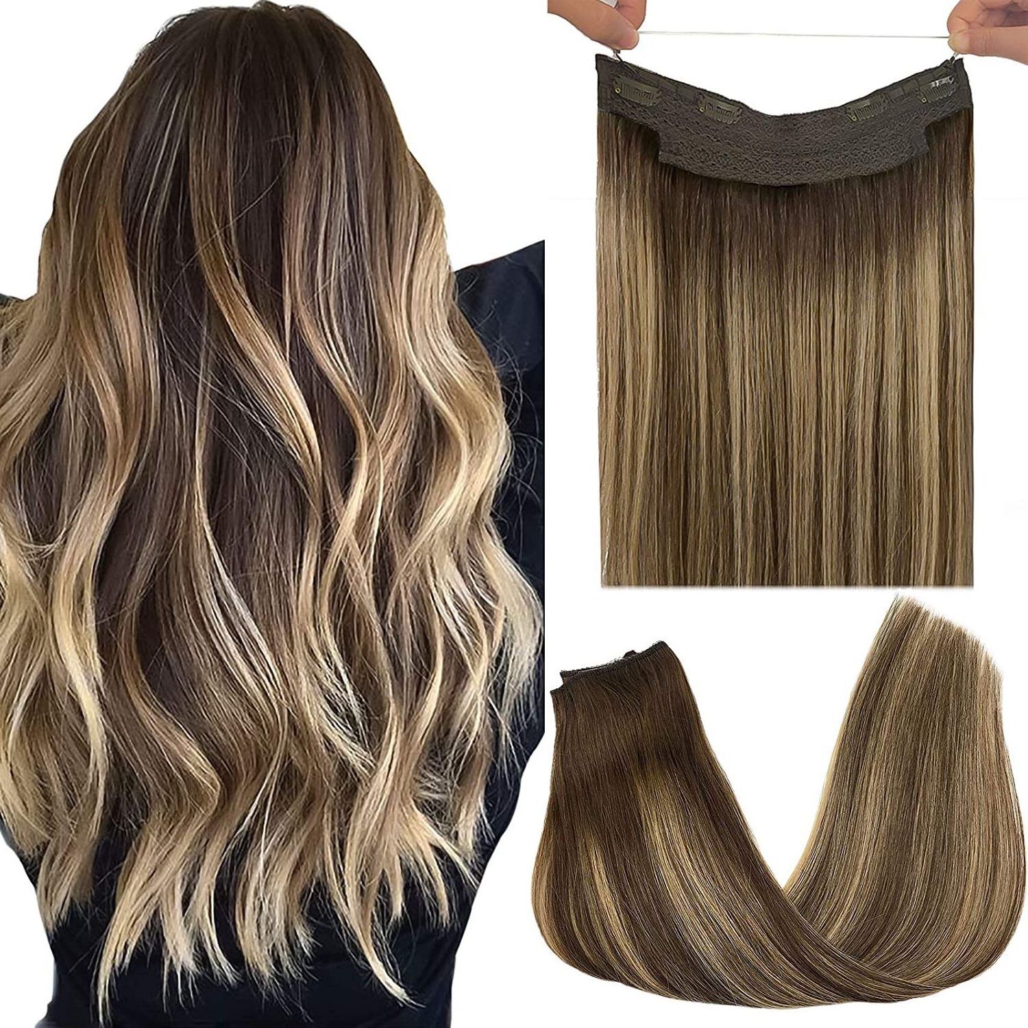 TopElles Halo Hair Extensions Human Hair Ombre Chocolate Brown to Honey Blonde for fashion women